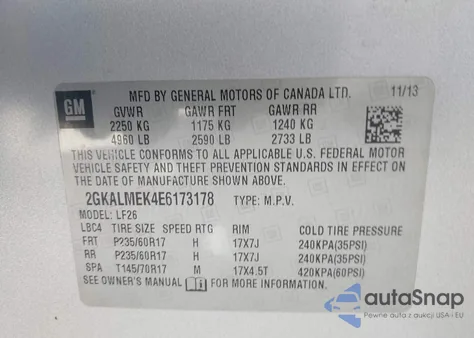 2014 GMC Terrain Sle-1 z USA, uszkodzony, nr VIN 2GKALMEK4E6173178